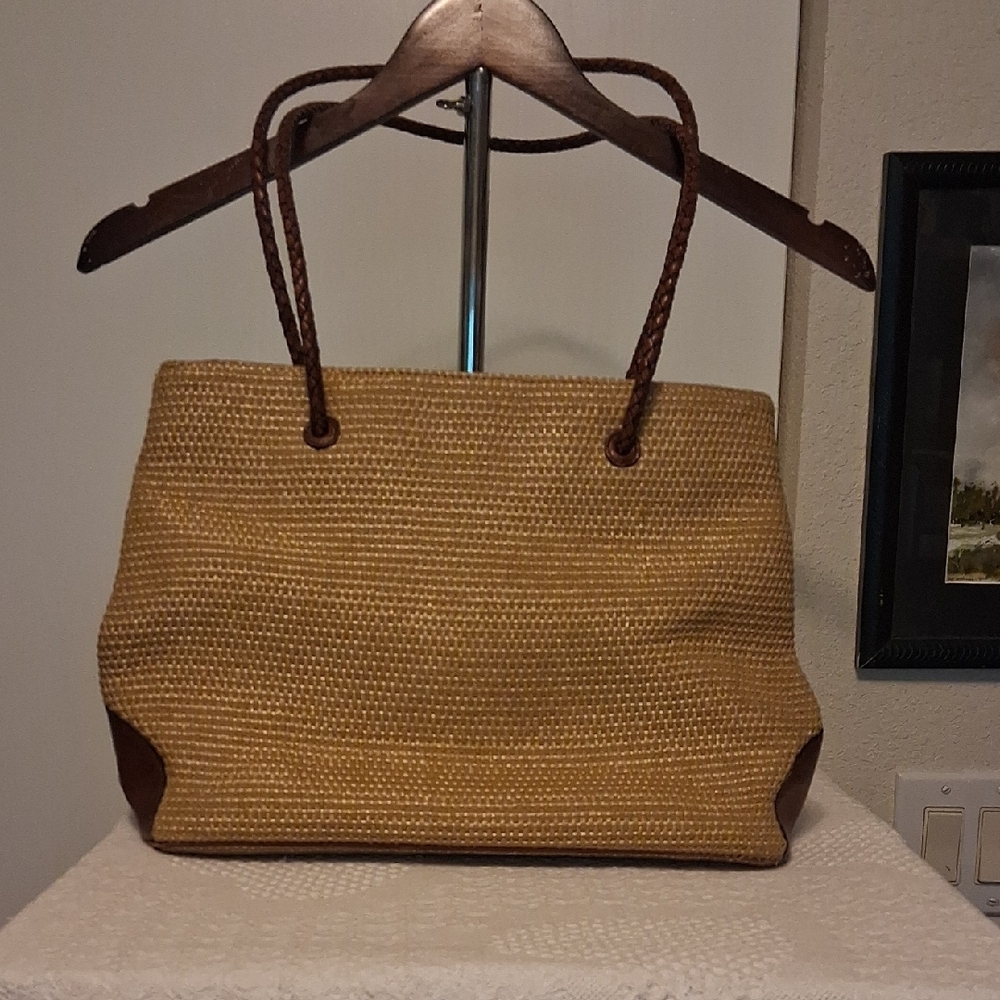 Etienne Aigner Woven Leather Tote Bag Tan Brown Vintage Classic - Picture 2 of 11